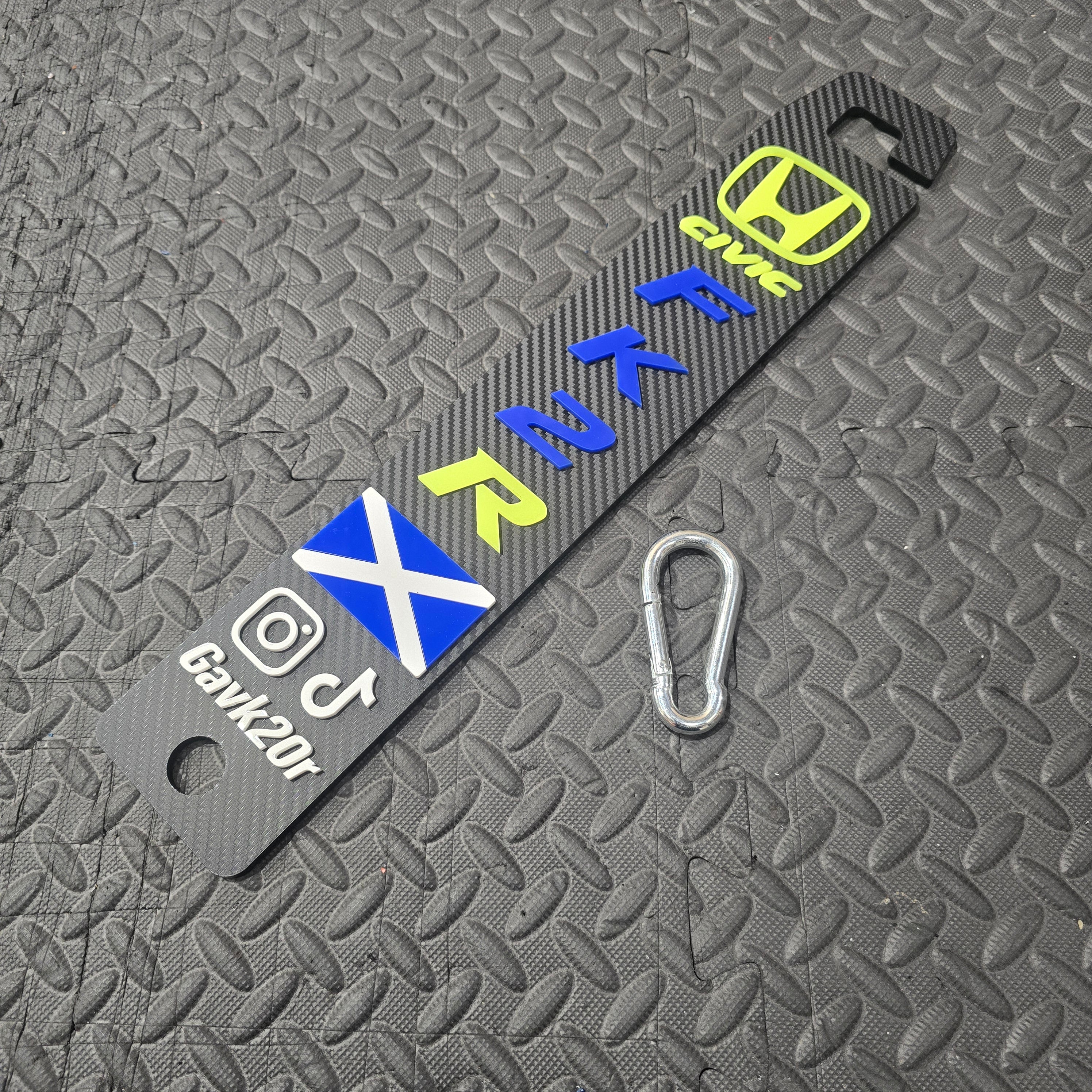 Proform Custom Design Social Media Prop with Customised Font - Carbon Fibre Effect Prop With Flourescent Yellow - Medium Blue and White Detail