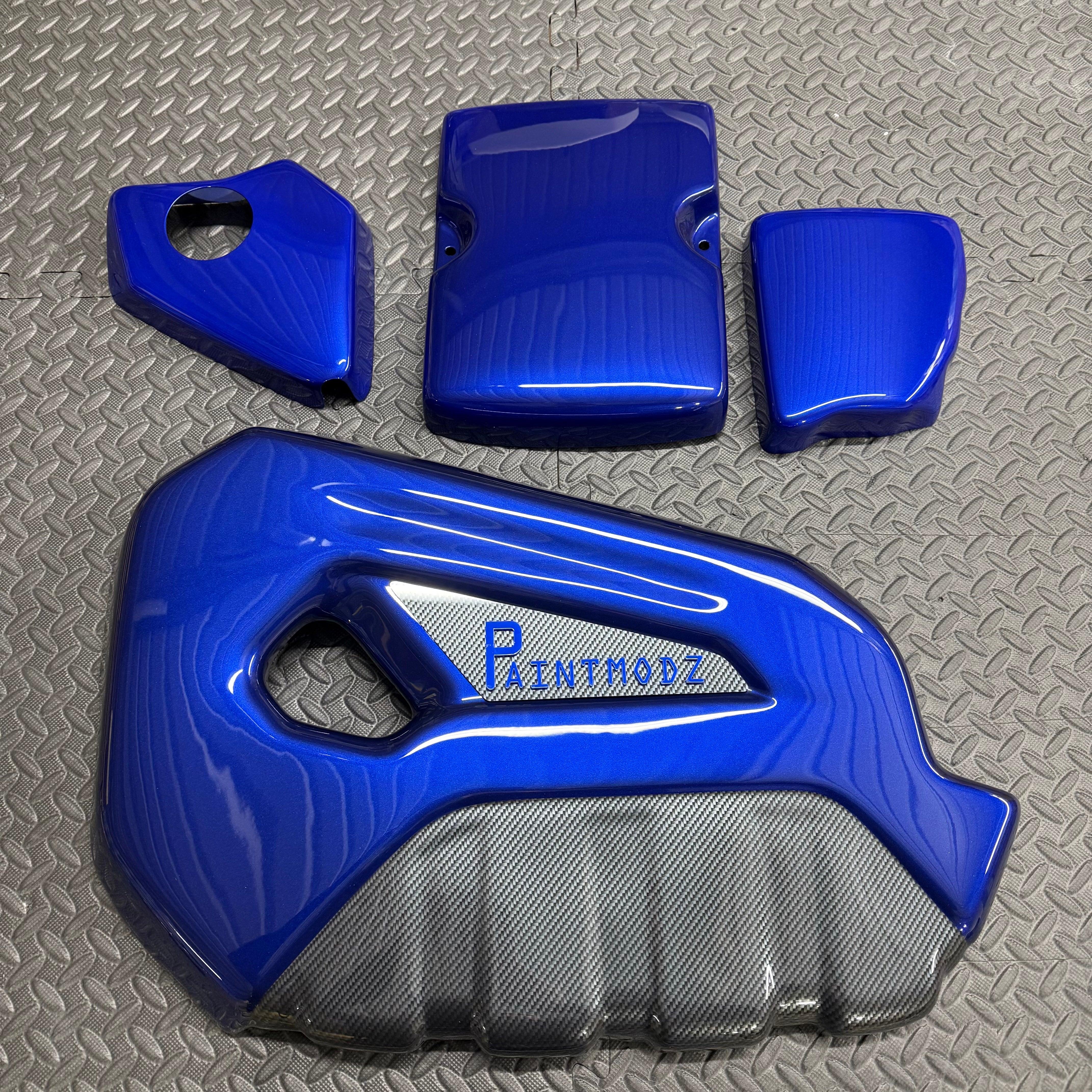 Proform Small Engine Bay Dress Up Kit Bundle - Fiesta Mk7.5 ST180 / ST200, Painted Spirit Blue With Carbon Fibre Effect Accents.