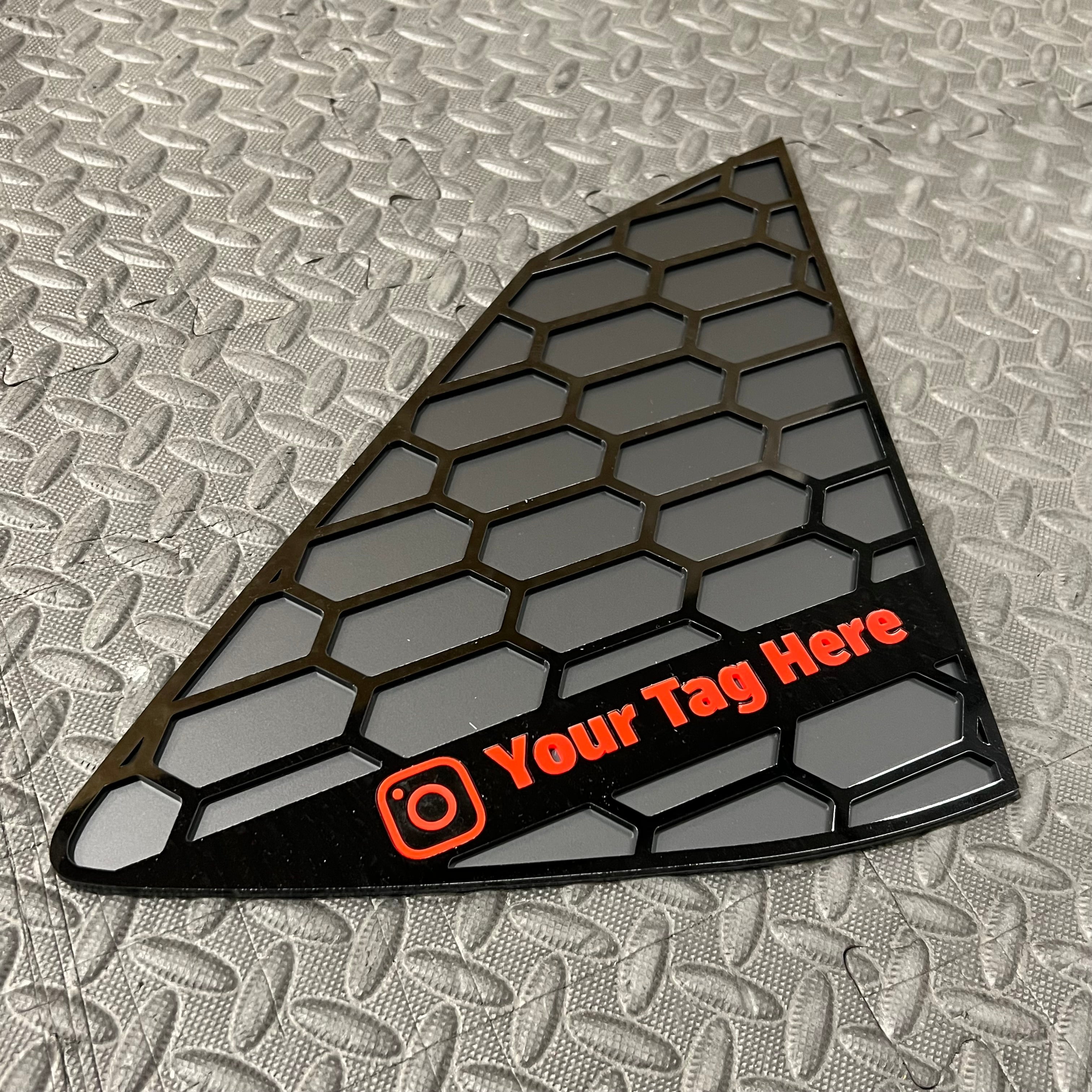 Proform Custom Social Media Tag Rear Quarter Window Inserts (Pair) - Hyundai i20 / i20N - Personal Instagram Tag - Red Detail