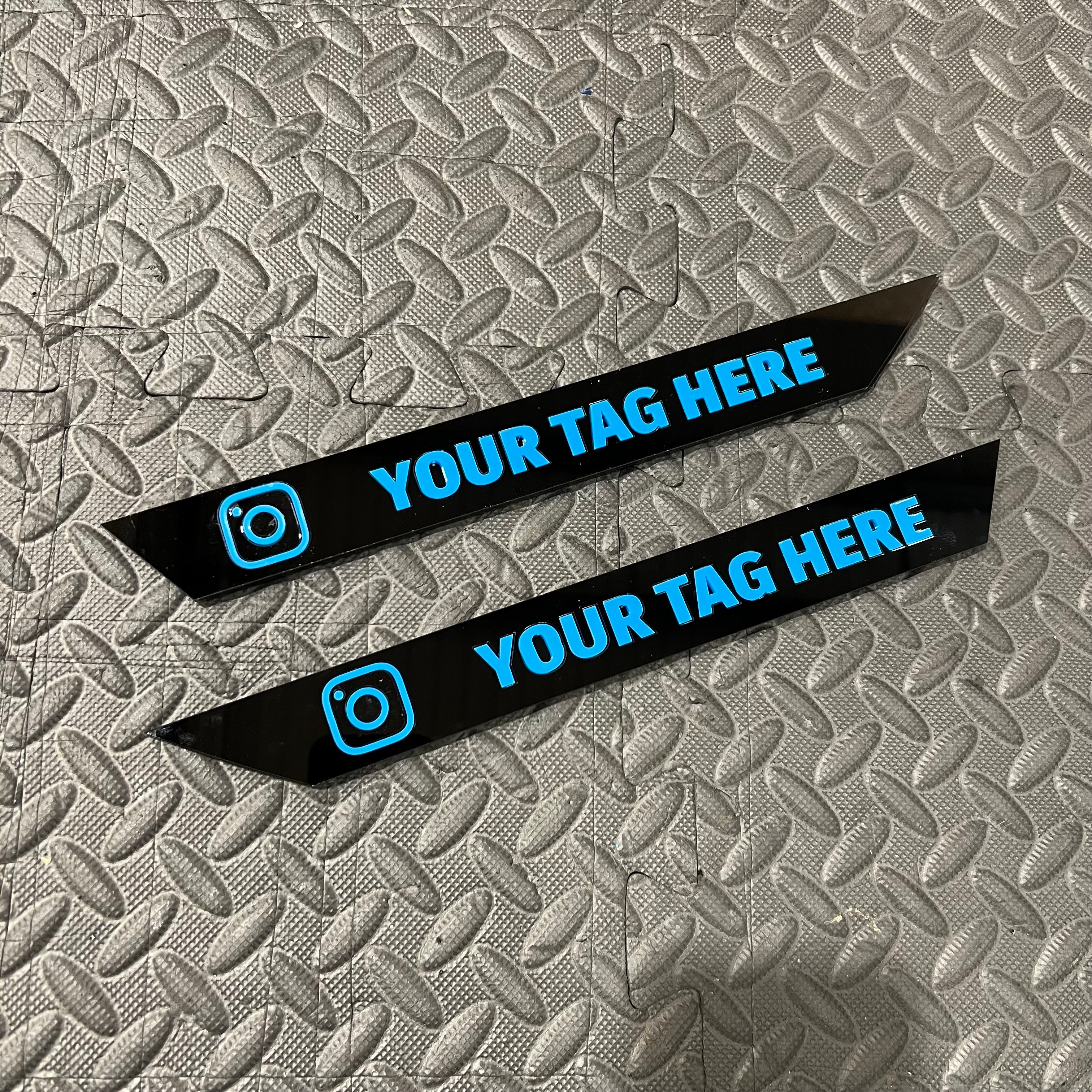 Proform 3D Acrylic Rear Quarter Window Art Banner With Bottom Alignment - Mk3/3.5 Focus - Gloss Black Surround With Light Blue Text Detail With Instagram Logo