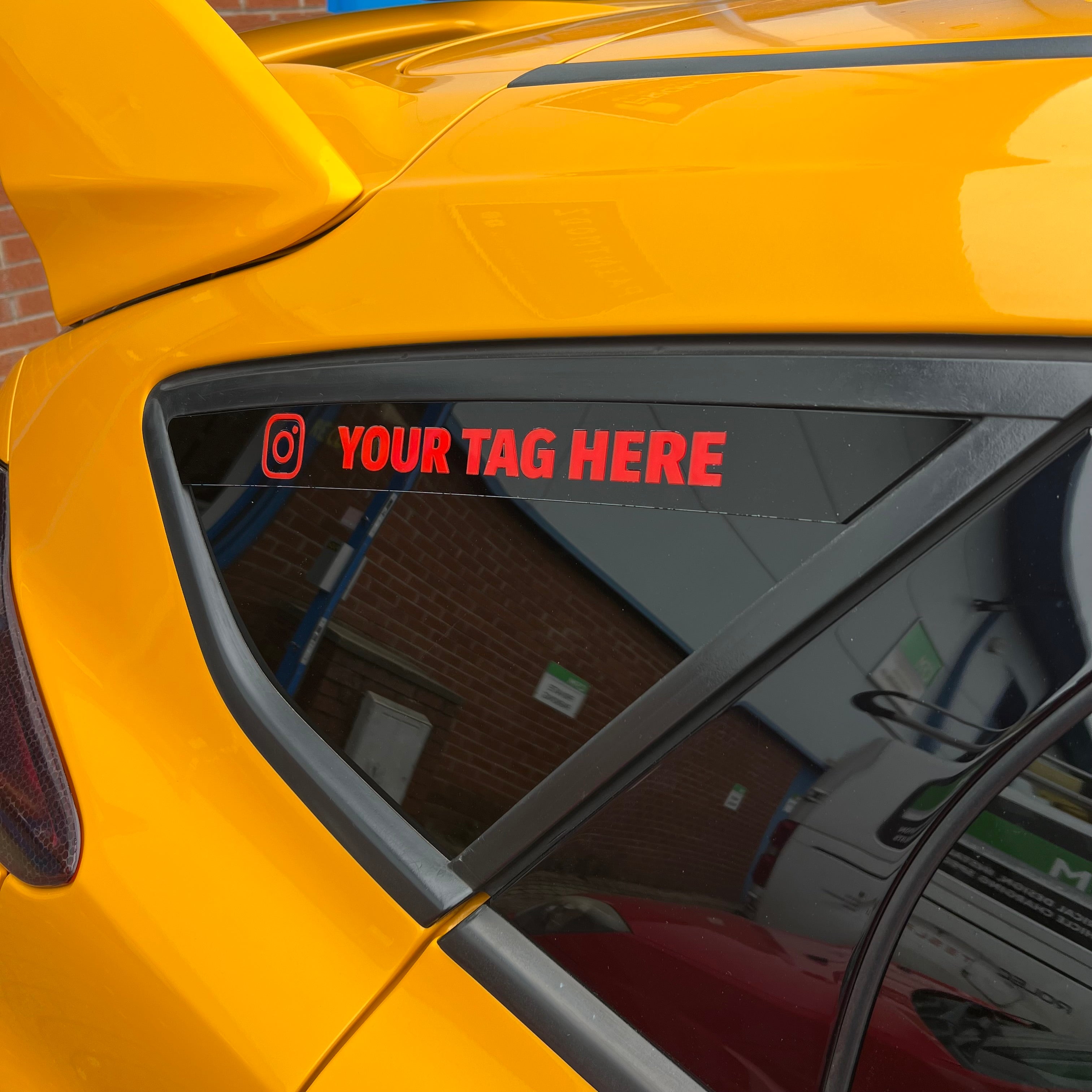 Proform 3D Acrylic Rear Quarter Window Art Banner With Top Alignment - Mk3/3.5 Focus - Gloss Black Surround With Red Text Detail With Instagram Logo