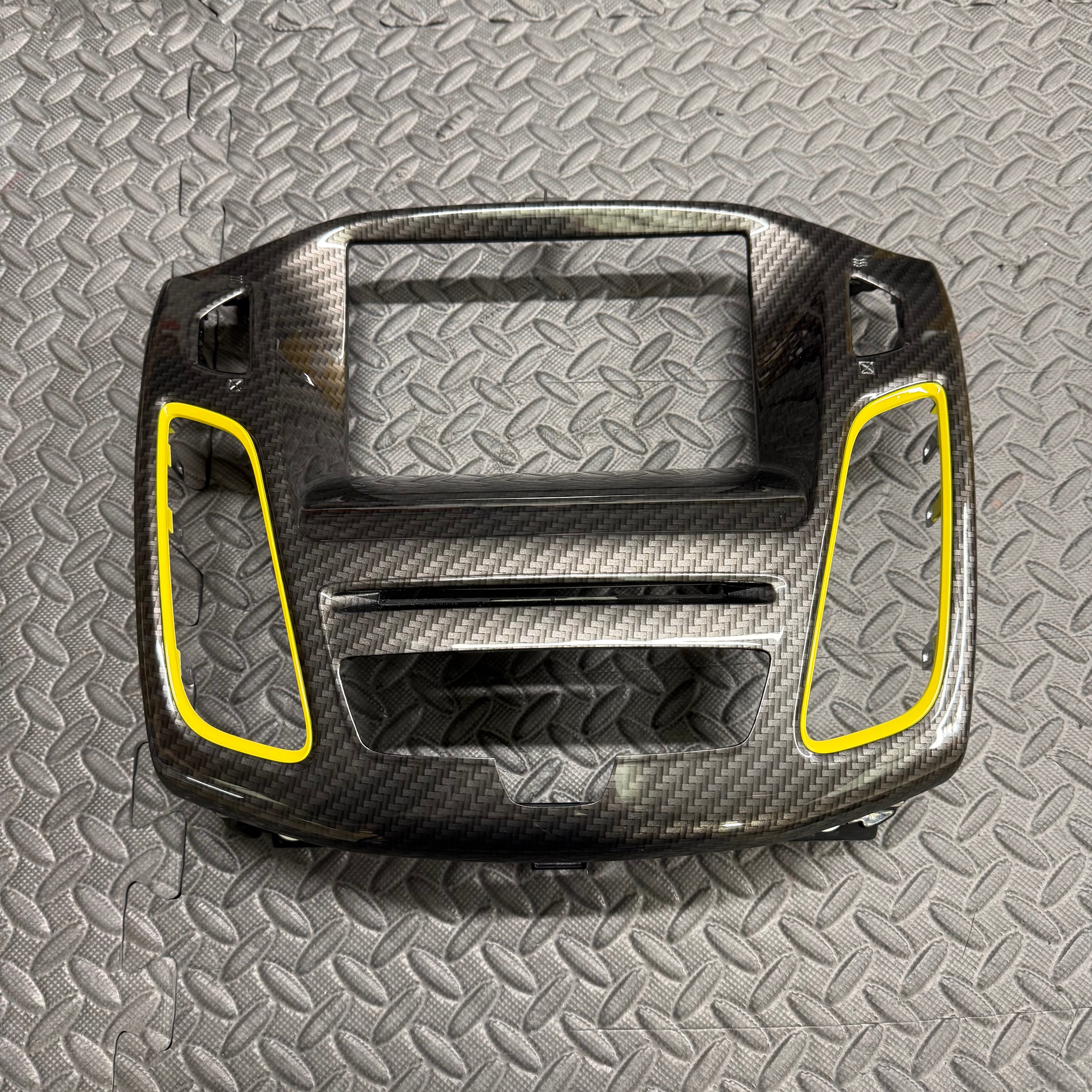 Genuine Ford Centre Console Screen Surround - Mk3.5 Focus inc ST/RS - Hydrodpped Carbon Fibre Effect With Painted Yellow Accent Colour