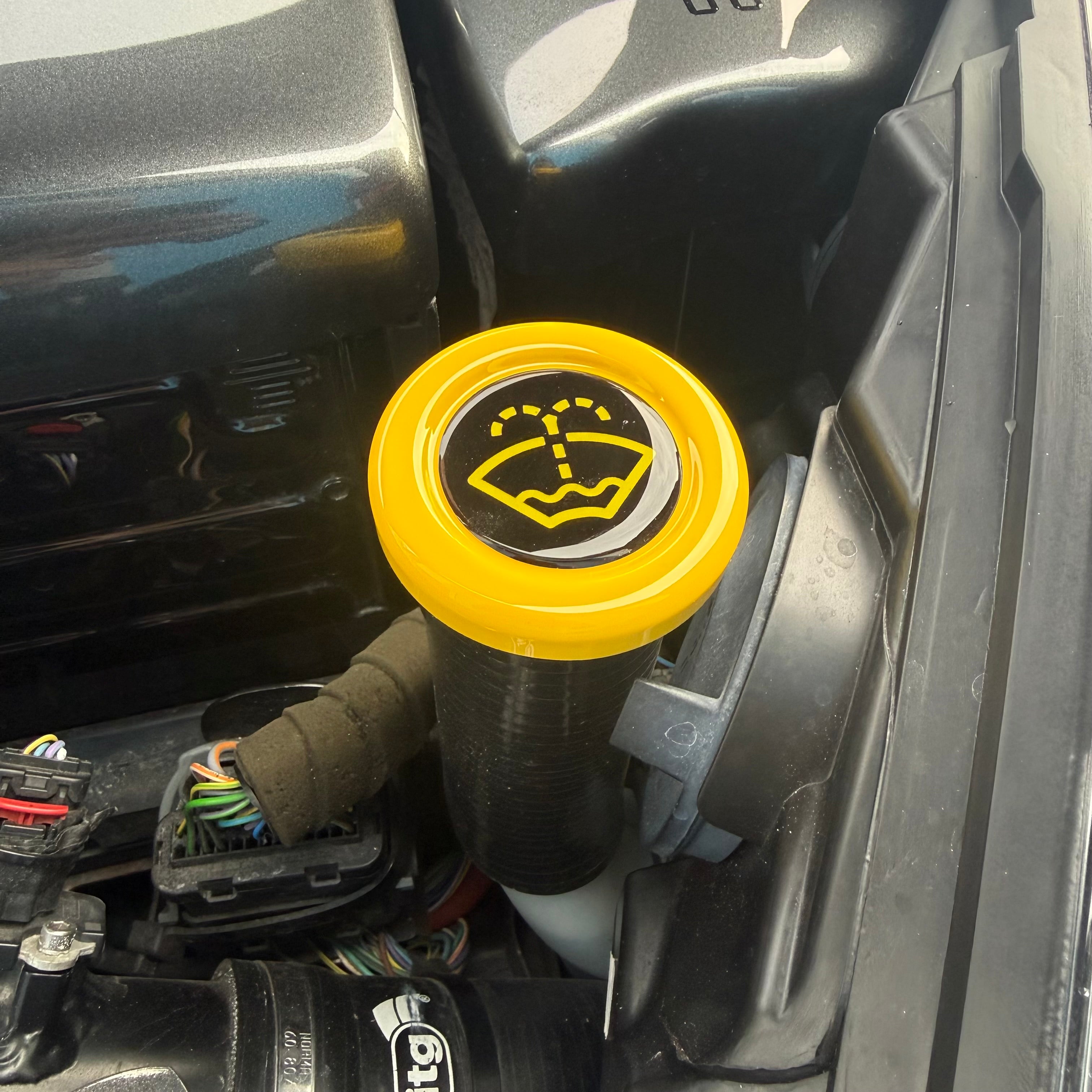 Proform Washer Bottle Bung - Multiple Ford Models - Gloss Yellow Plastic With Yellow Screenwash Logo Detailing
