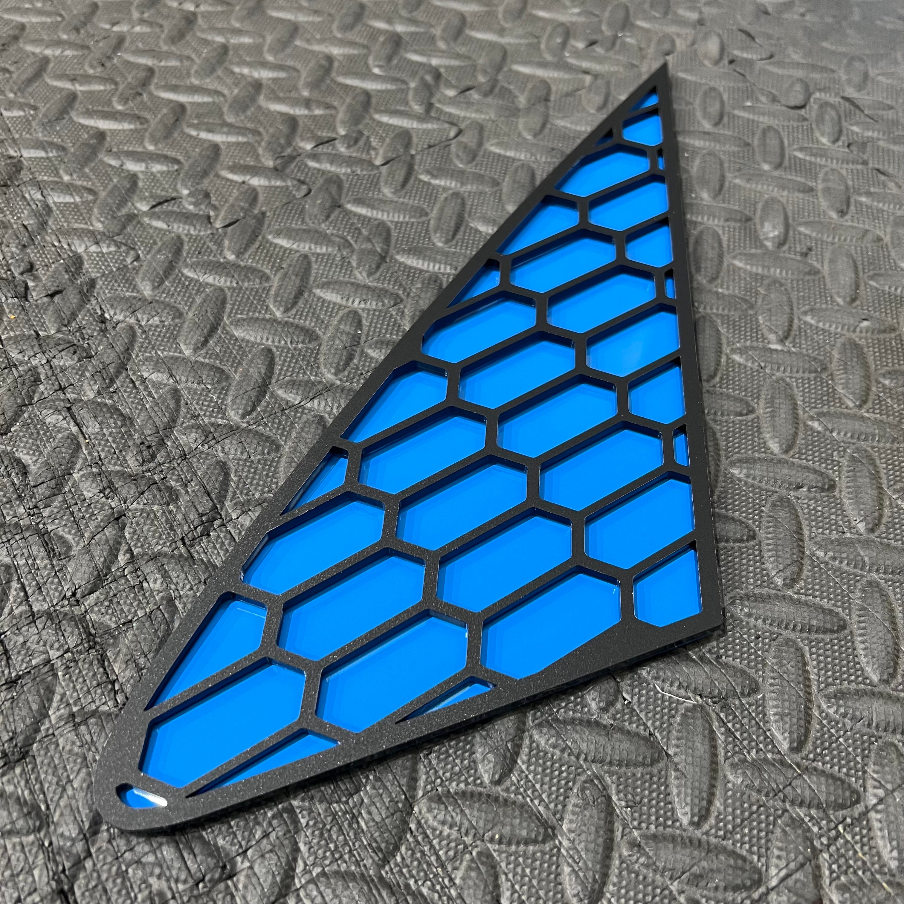 Proform Mk2/2.5 Puma Rear Window Inserts - Satin Black Hexagon Design with Azure Blue Backing Plate