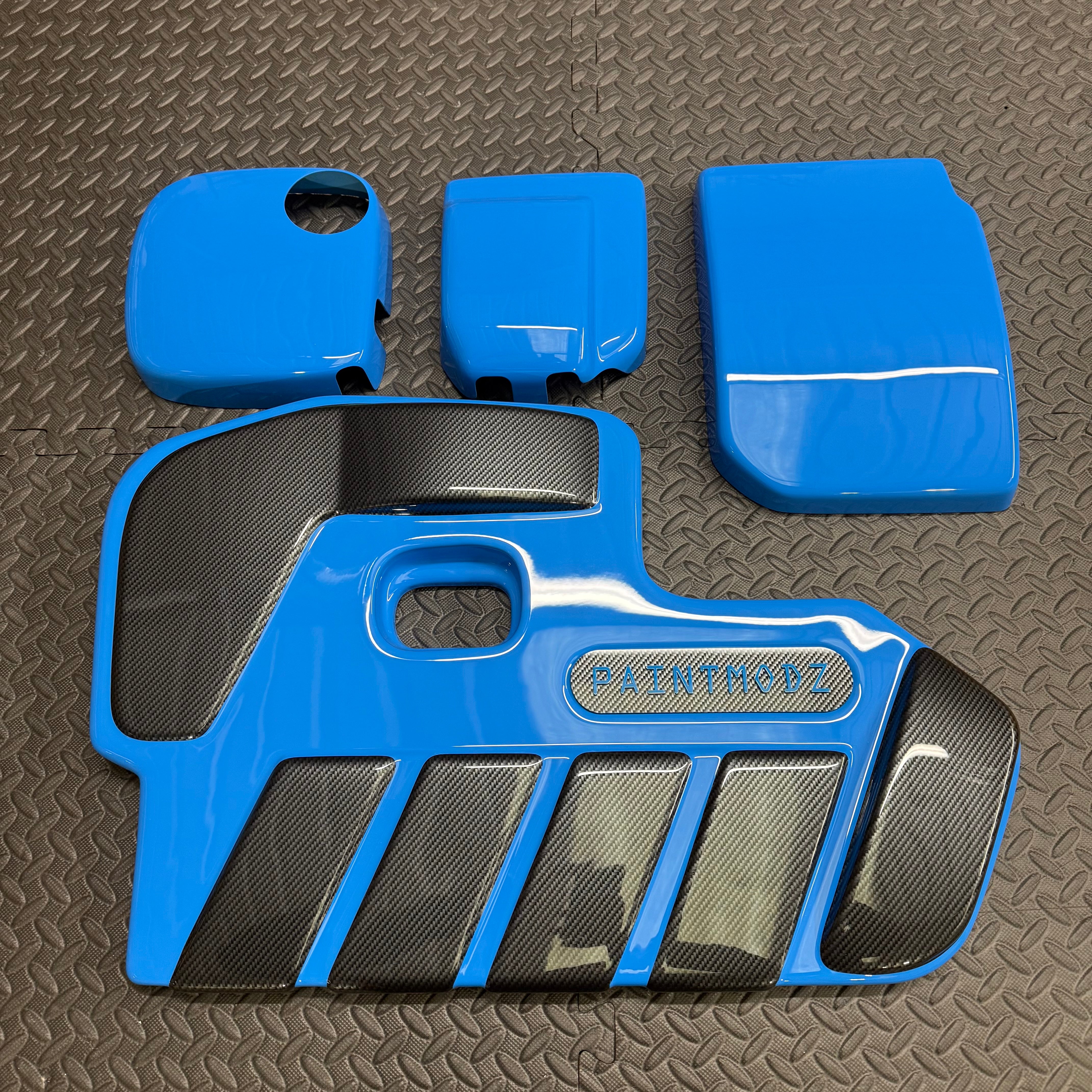 Proform Small Engine Bay Dress Up Kit Bundle - Mk4/4.5 Focus ST Petrol - Painted Azure Blue With Deluxe Carbon Fibre Effect Detailing and Matching Light Blue/Deluxe Carbon Fibre Effect Badge Plate.