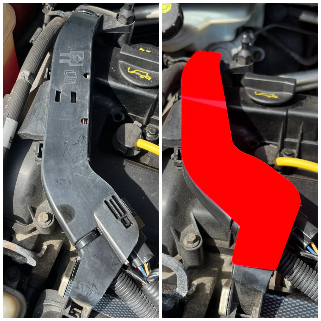 Profrom Mk6 Fiesta ST150 - Wiring Loom Cover Plate - Gloss Red, Before and After