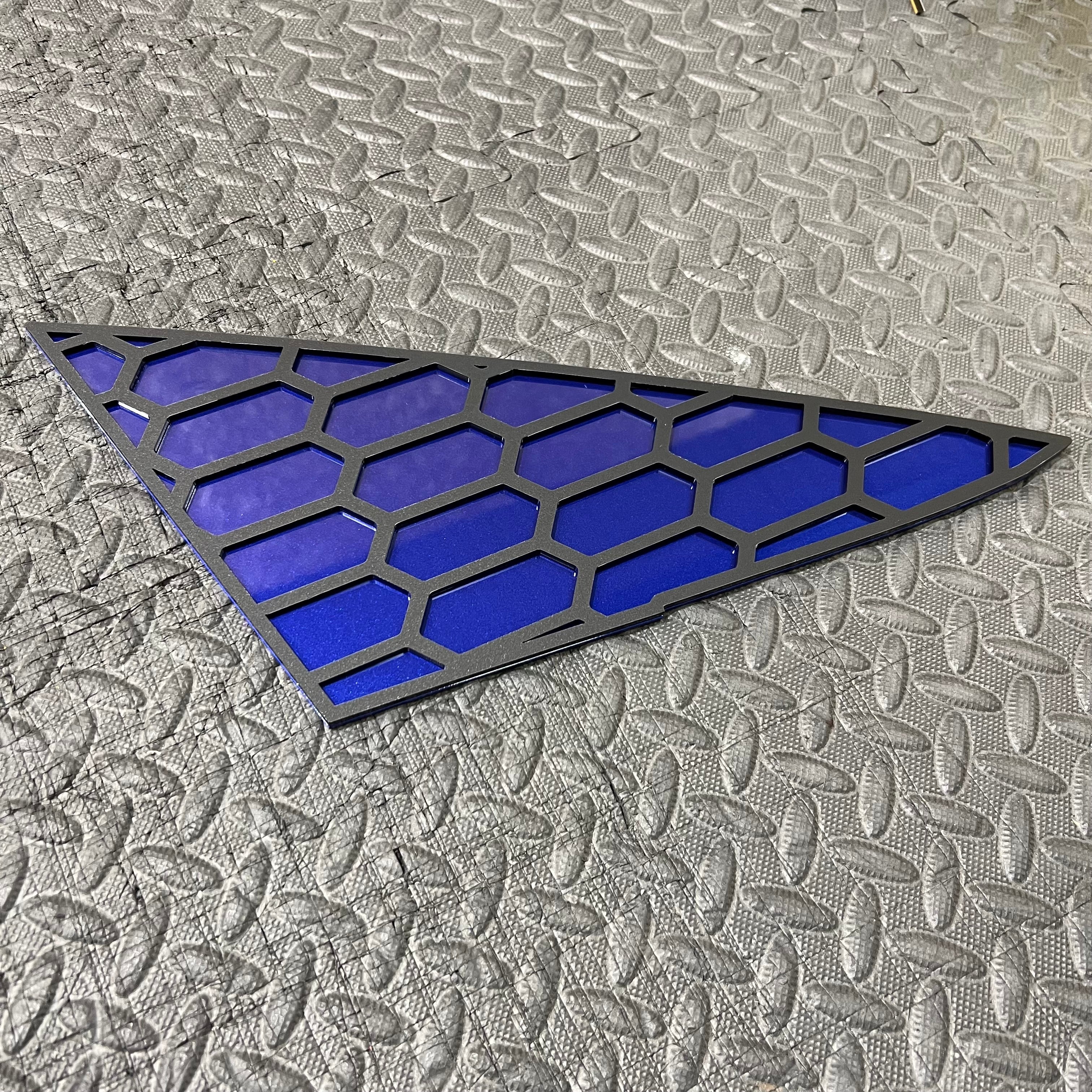 Proform Mk7/7.5 Fiesta Front Quarter Window Inserts - Painted Spirit Blue Backing Plate with Satin Hexagon Detail