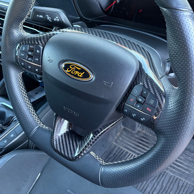 Mk8/8.5 Fiesta / Mk2 Puma & Mk4/4.5 Focus Real Carbon Fibre Steering  Wheel Trims - Upper and Lower Trims Installed.