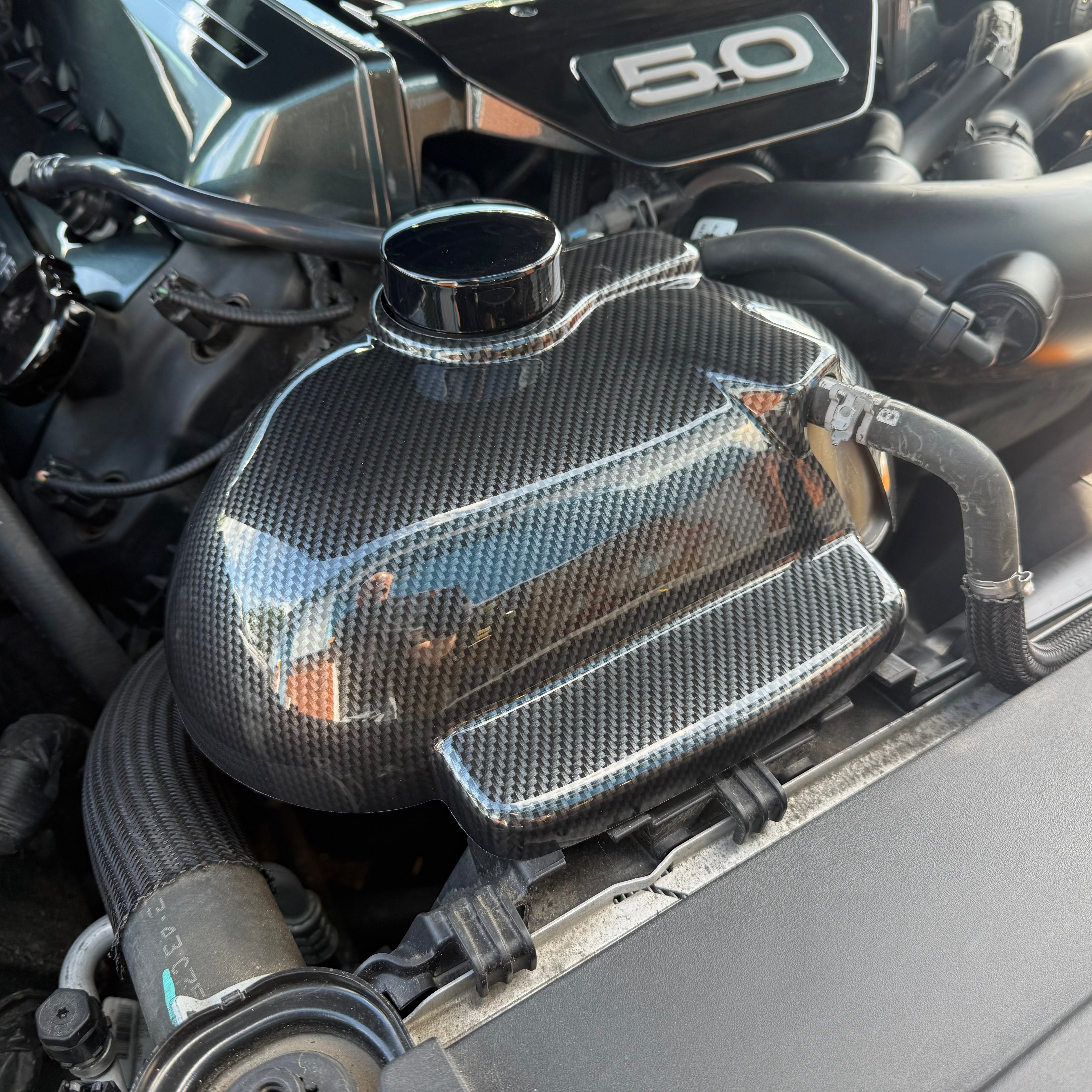 Proform Mustang (6th Generation) Coolant Tank Cover - Deluxe Carbon Fibre Effect Plastic