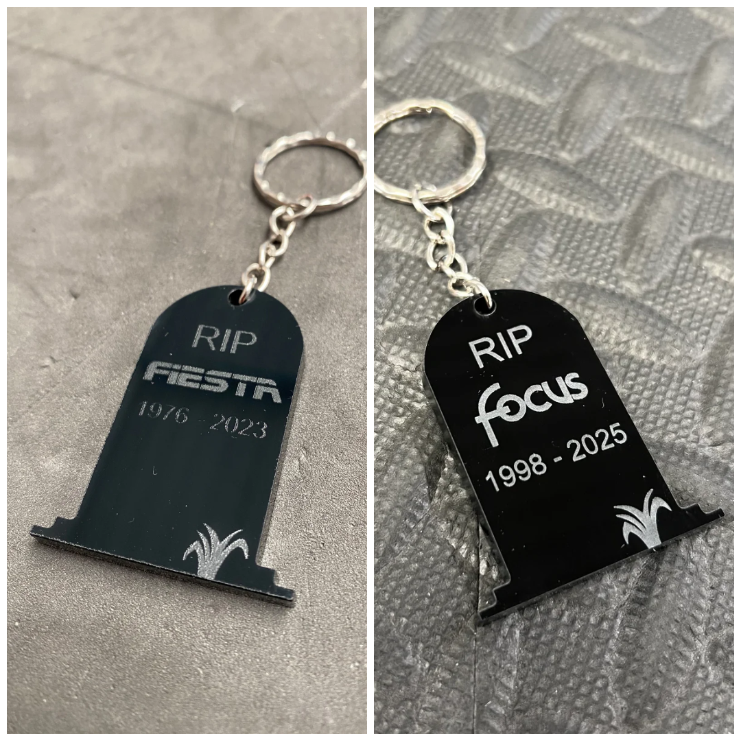 Clearance - RIP Fiesta / Focus 'Gravestone' Engraved Keyrings